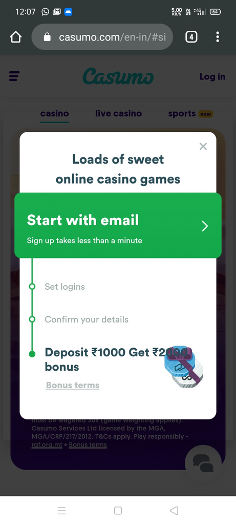 Registering into Casumo Casino