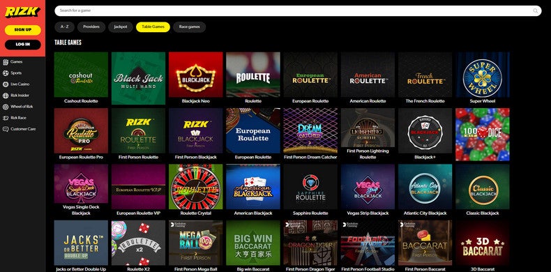 rizk casino table games